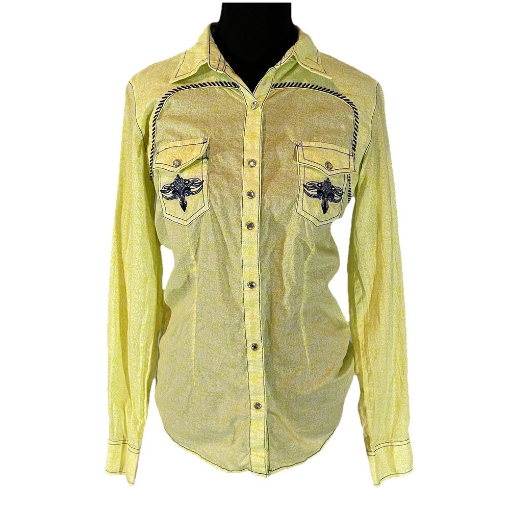 Wrangler Rock 47 Women Long Sleeve Western Shirt Bright Yellow Rhinestone Snap S